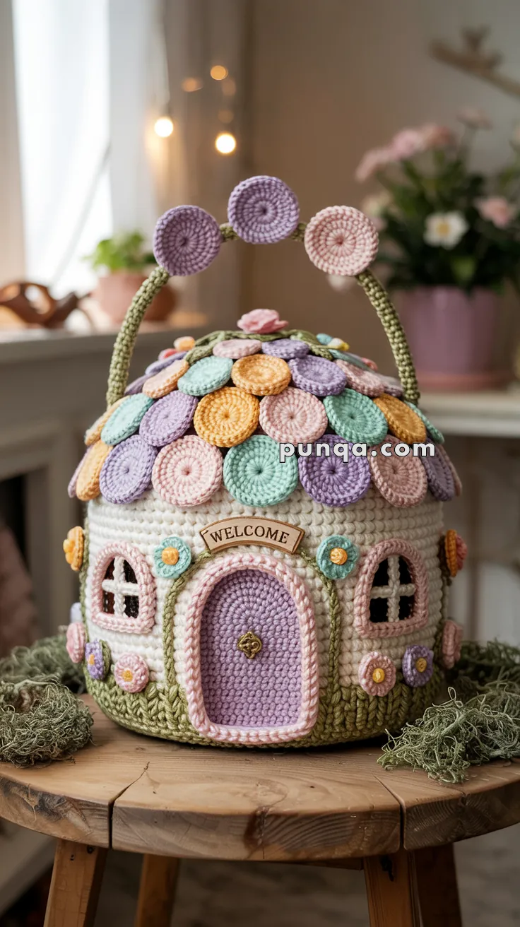 A colorful crocheted teapot cover designed to resemble a whimsical house, featuring a roof made of multicolored circular patches, arched windows, a door with pink and purple hues, and a small "Welcome" sign. It is displayed on a wooden table in a cozy room setting.