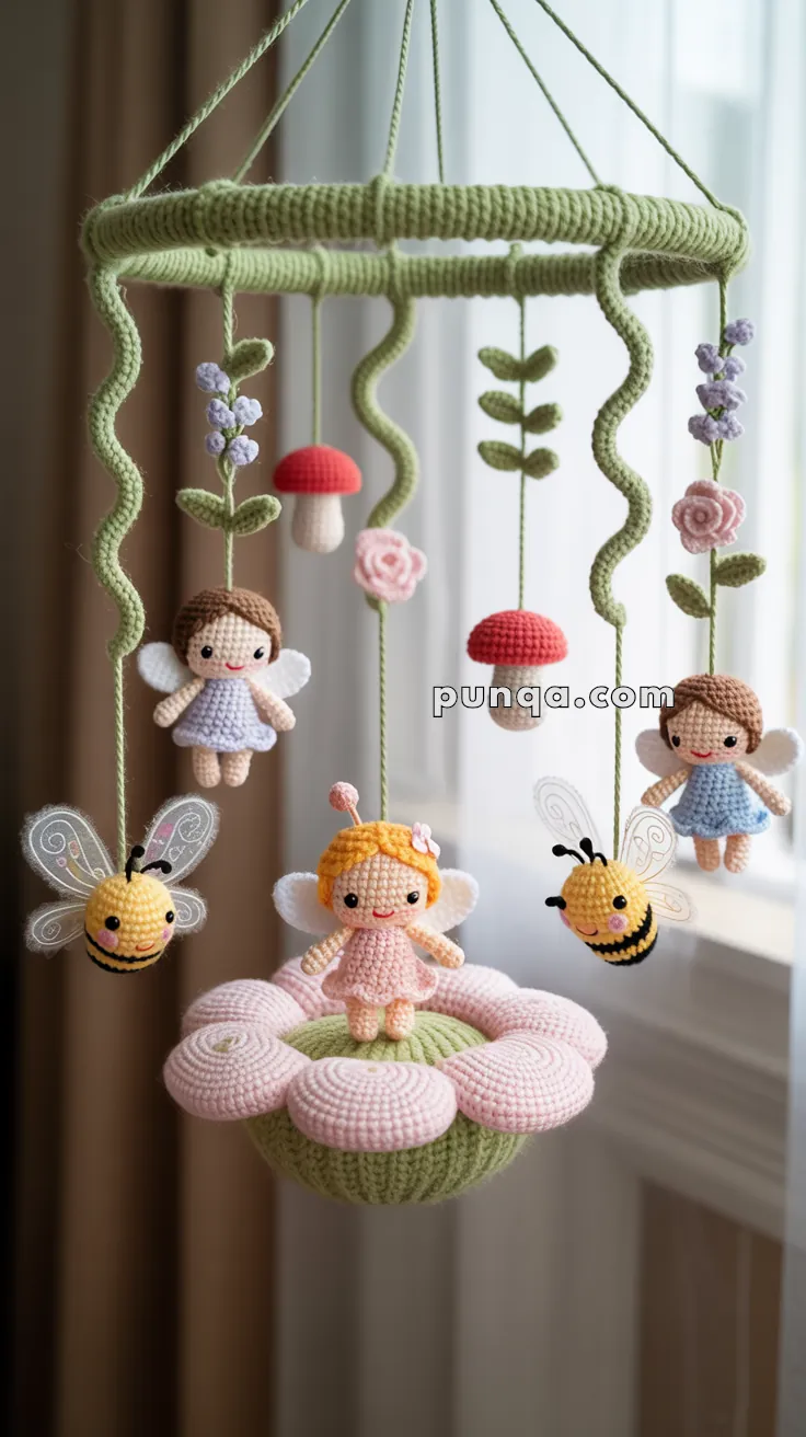 A crocheted baby mobile with fairy and bee characters hanging from a green circular frame, featuring colorful mushrooms, flowers, and a fairy seated on a pink flower base.