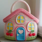 A crochet handbag designed to resemble a small house, featuring a pink roof, blue door with a heart, and yellow windows with blue crossbars. The bag includes decorative cherry patterns and a handle on top, placed on a wooden stool by a window.