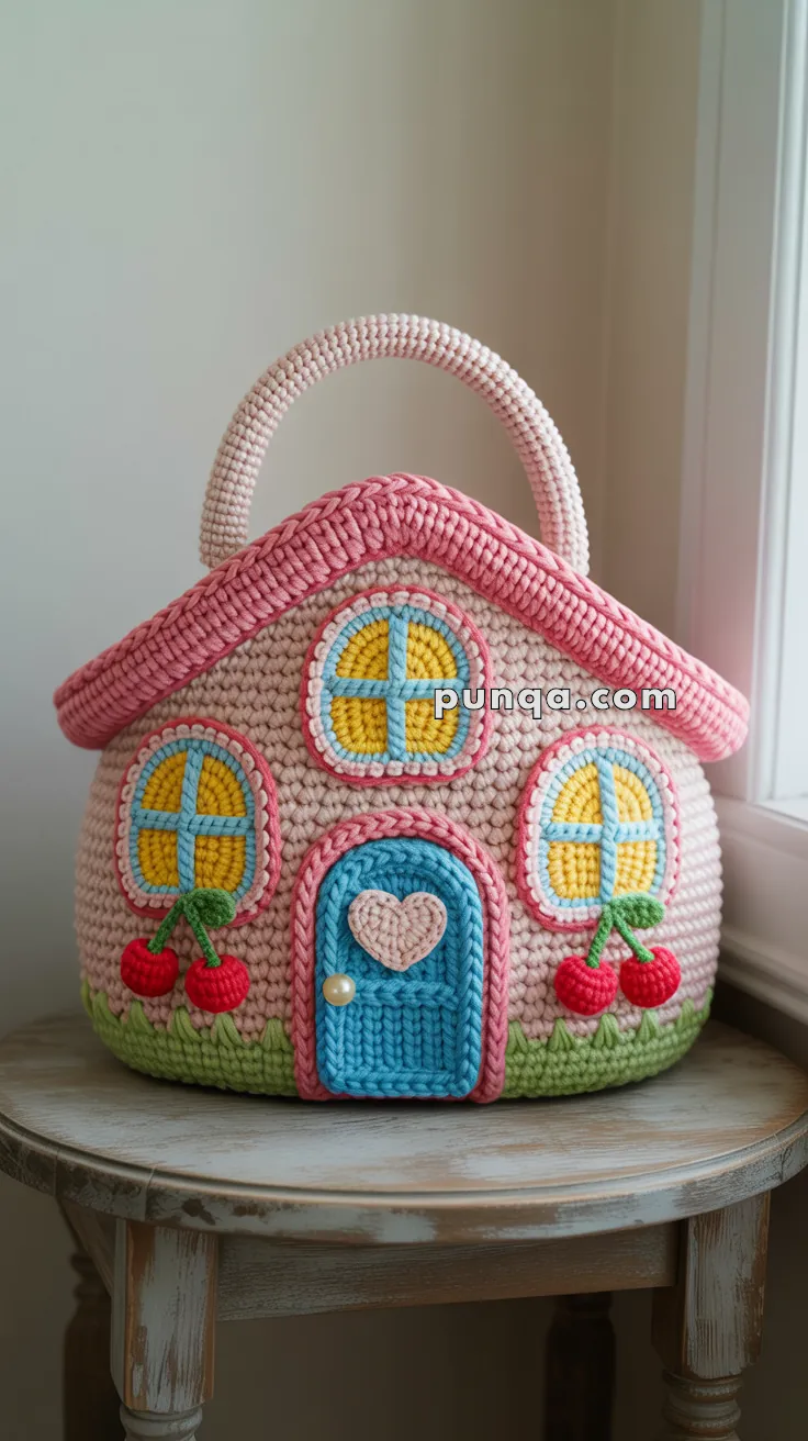 A crochet handbag designed to resemble a small house, featuring a pink roof, blue door with a heart, and yellow windows with blue crossbars. The bag includes decorative cherry patterns and a handle on top, placed on a wooden stool by a window.