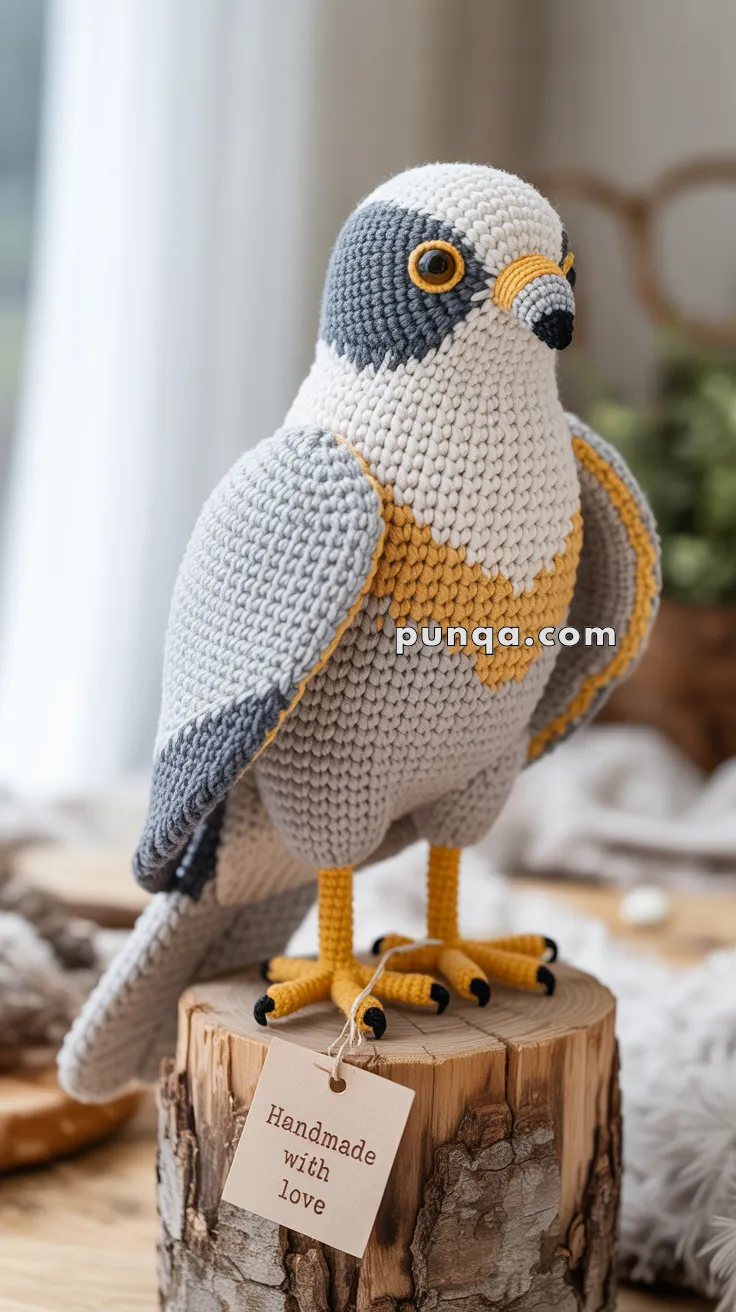 A crocheted falcon, resembling a peregrine falcon, is perched on a wooden stump with a tag reading 'Handmade with love.' The bird features detailed knitted textures, including gray, white, and yellow sections, with black accents around the eyes and on the beak and feet.