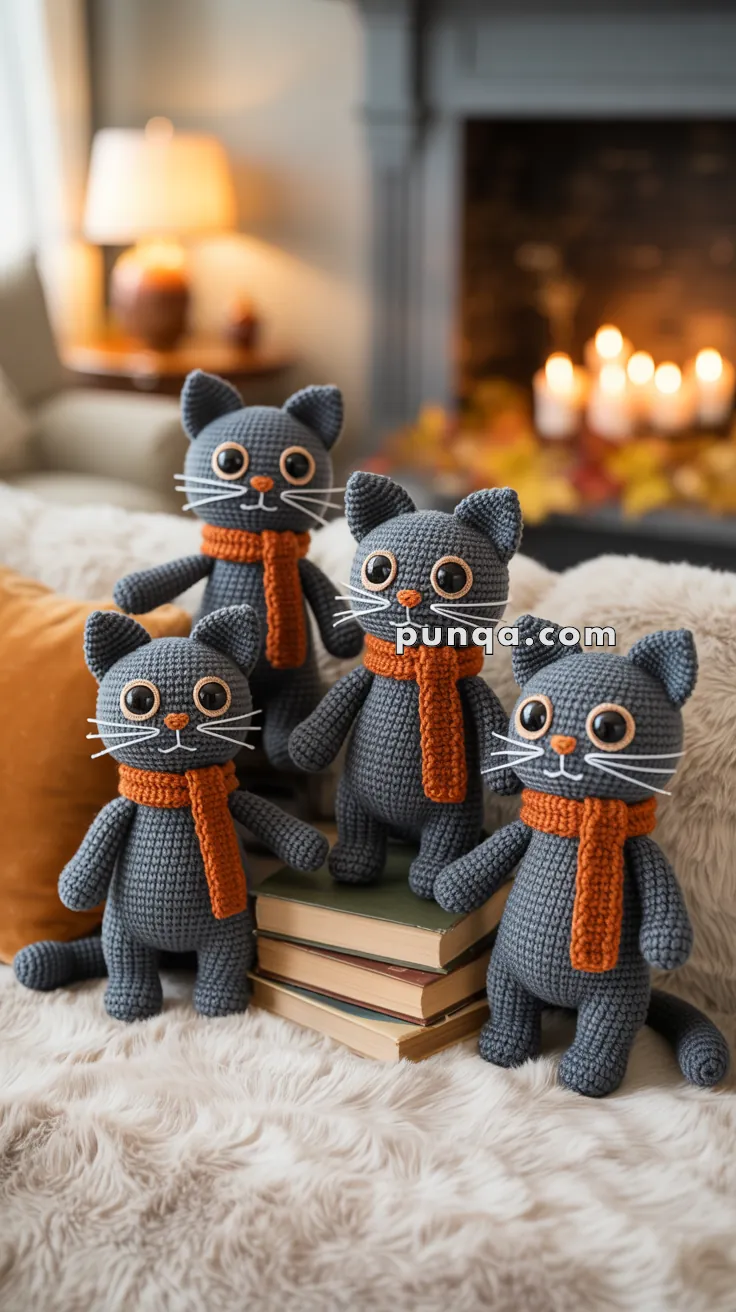 Four crocheted grey cats with orange scarves sitting on books and a fluffy blanket, in a cozy room with a lit fireplace in the background.