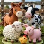 A group of crocheted farm animals, including a horse, cow, sheep, pig, and chick, arranged on a grassy surface with a wooden fence and blue sky in the background.