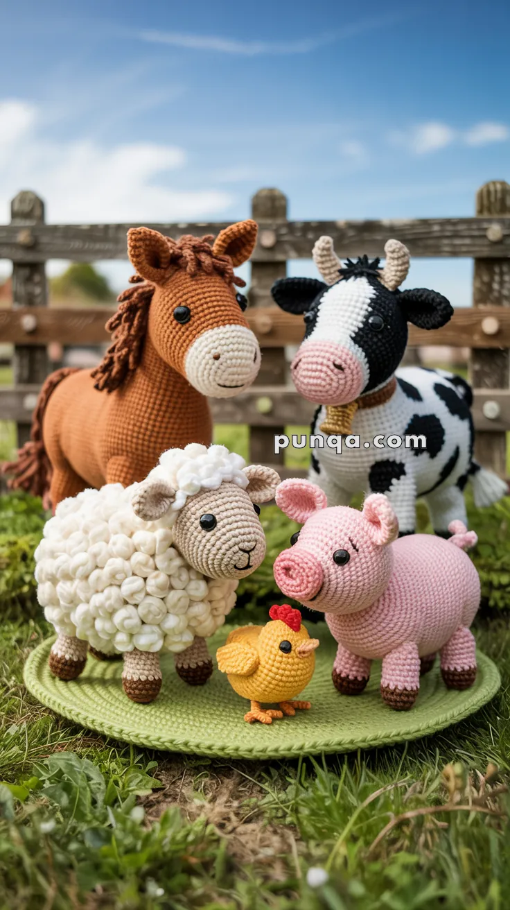A group of crocheted farm animals, including a horse, cow, sheep, pig, and chick, arranged on a grassy surface with a wooden fence and blue sky in the background.