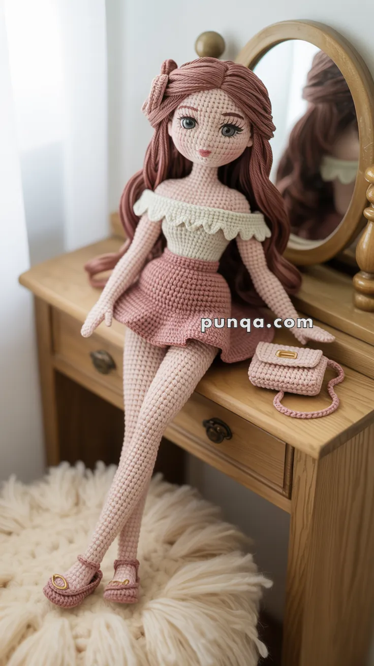 A crocheted doll with long pink hair and a white off-shoulder top, sitting on a wooden dresser near a mirror, with a matching pink skirt and a small pink purse beside it.
