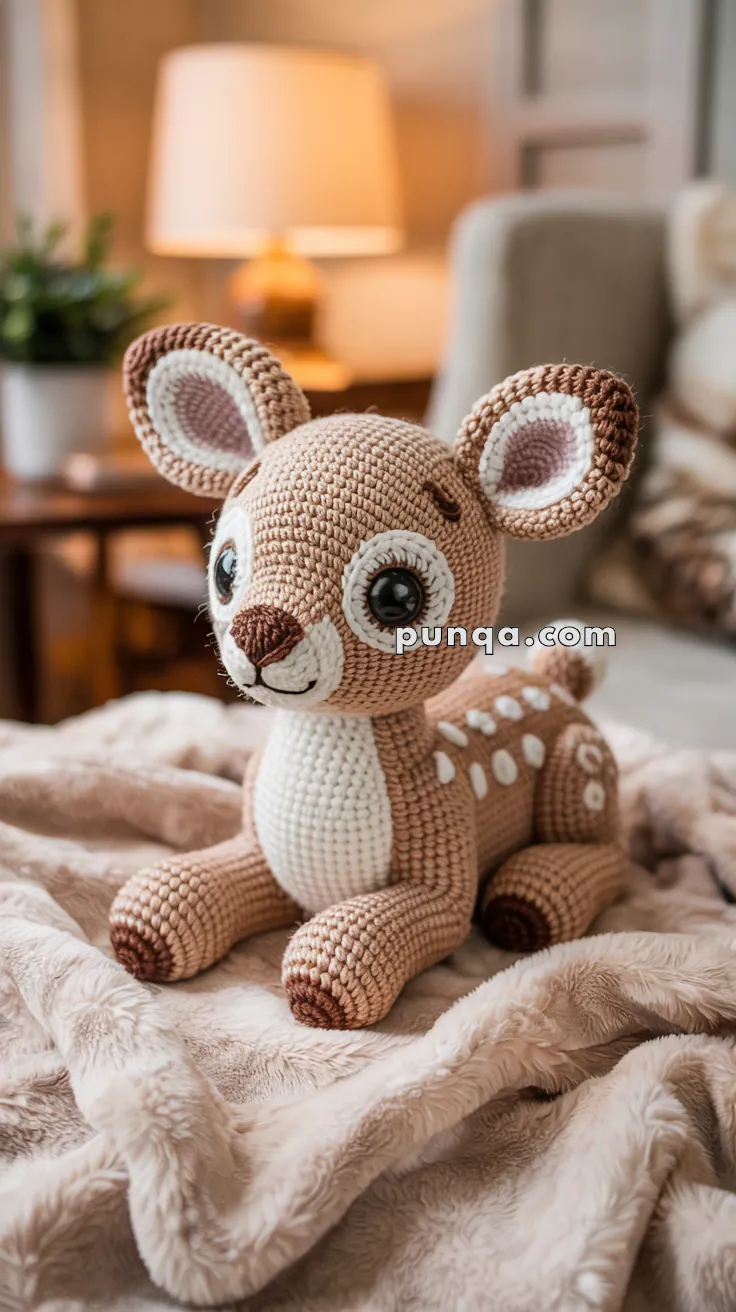 A crocheted deer toy with large eyes and a friendly expression, sitting on a soft beige blanket in a warmly lit room with a lamp in the background.