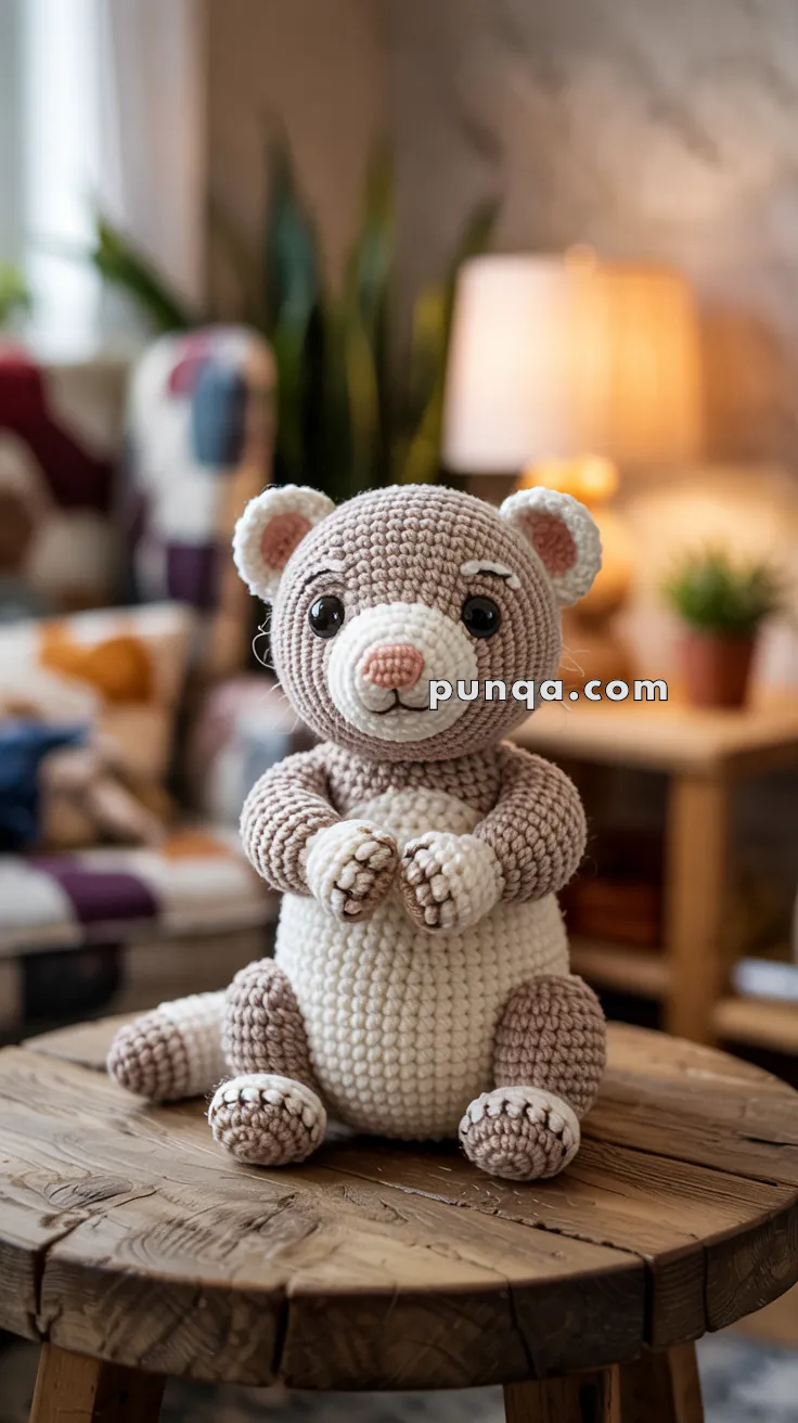 A crocheted toy ferret with a light brown and cream color scheme is sitting on a round wooden table in a cozy room with blurred background featuring a lamp and plants.