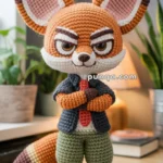 A crocheted fox doll wearing a blue jacket and green pants, standing on a wooden surface with plants and books in the background.