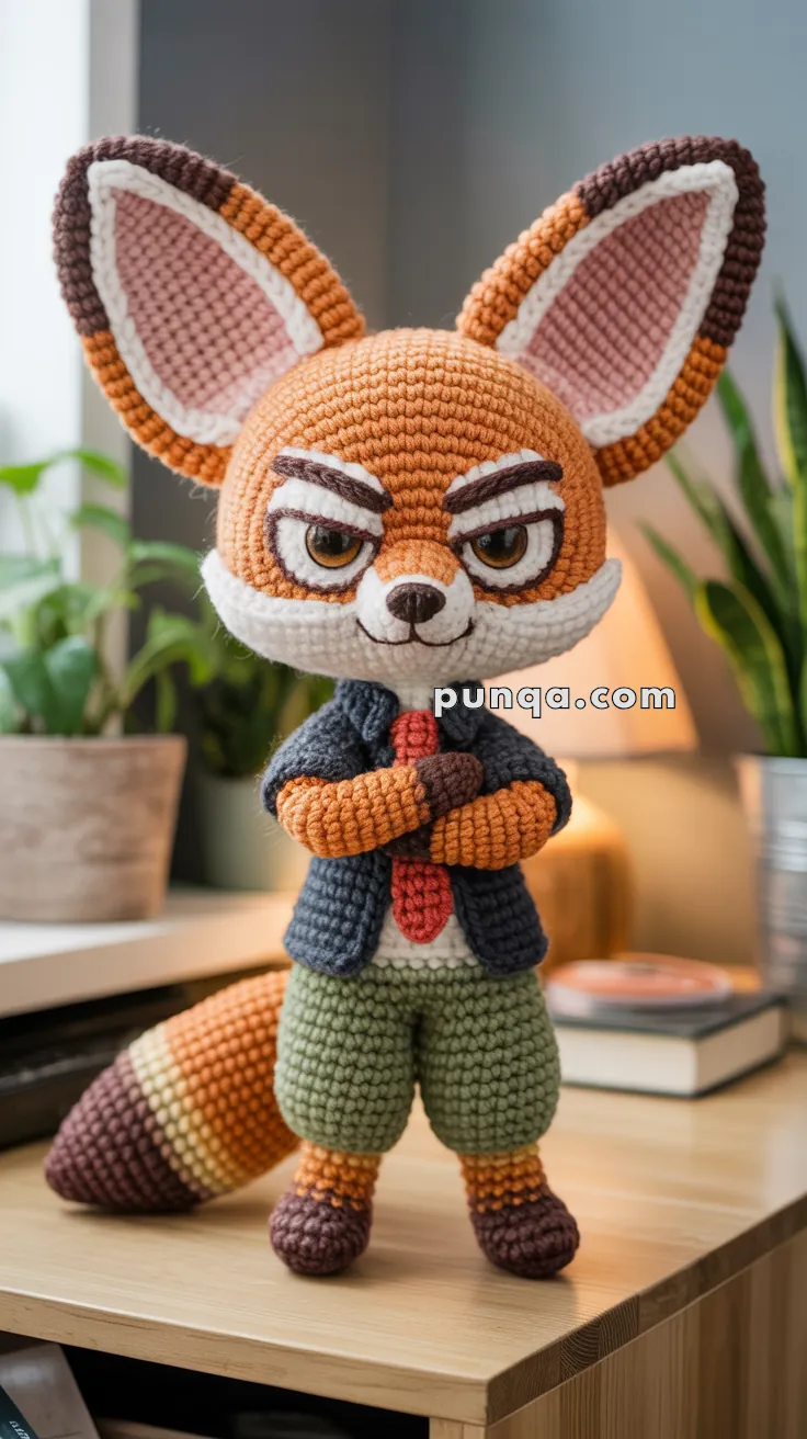 A crocheted fox doll wearing a blue jacket and green pants, standing on a wooden surface with plants and books in the background.