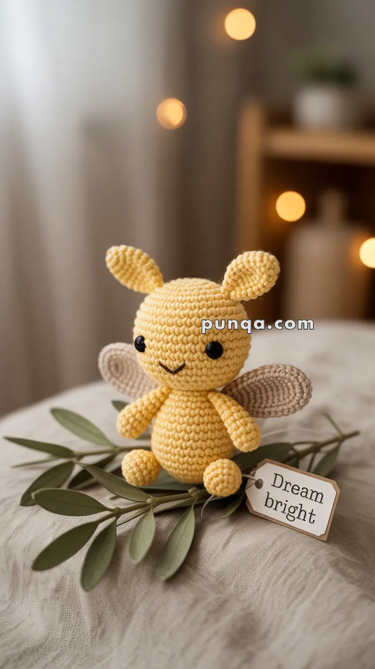 A cute yellow crocheted firefly toy with black eyes and brown wings, placed on a surface decorated with green leaves. A tag next to it reads "Dream bright." Soft, warm lighting and a blurred background create a cozy atmosphere.