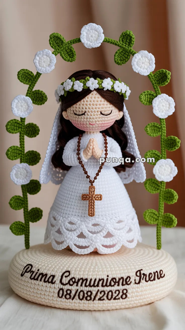 Crocheted doll of a girl in a white dress and veil, with a rosary and flowers, displayed on a round base labeled 'Prima Comunione Irene 08/08/2028.'