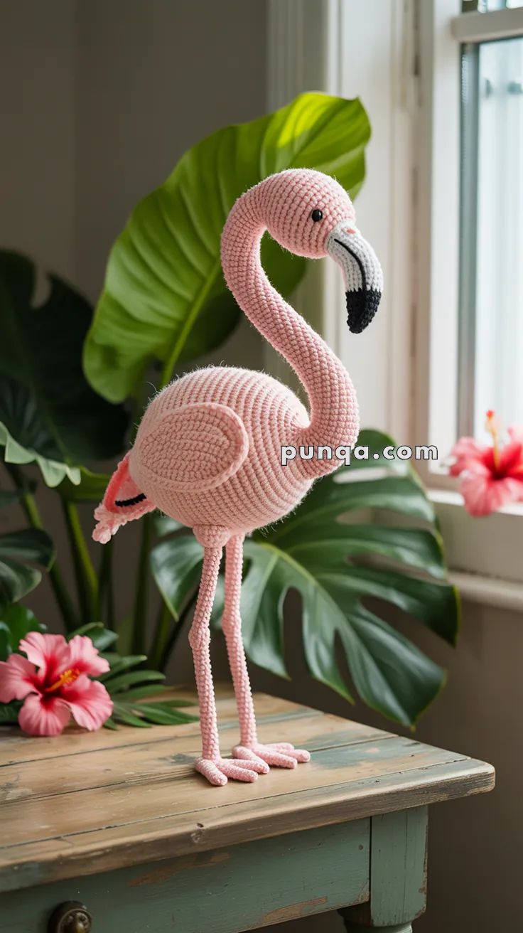 A crocheted pink flamingo standing on a wooden table, surrounded by green leaves and red hibiscus flowers near a window.