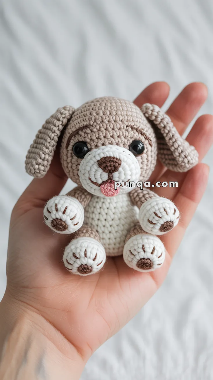 A small crocheted dog toy with brown and white details and a pink tongue, held in a person's hand against a white background.