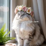 A fluffy gray and white cat wearing a knitted floral headband sits on a windowsill next to a pot with a green plant and a ball of beige yarn.