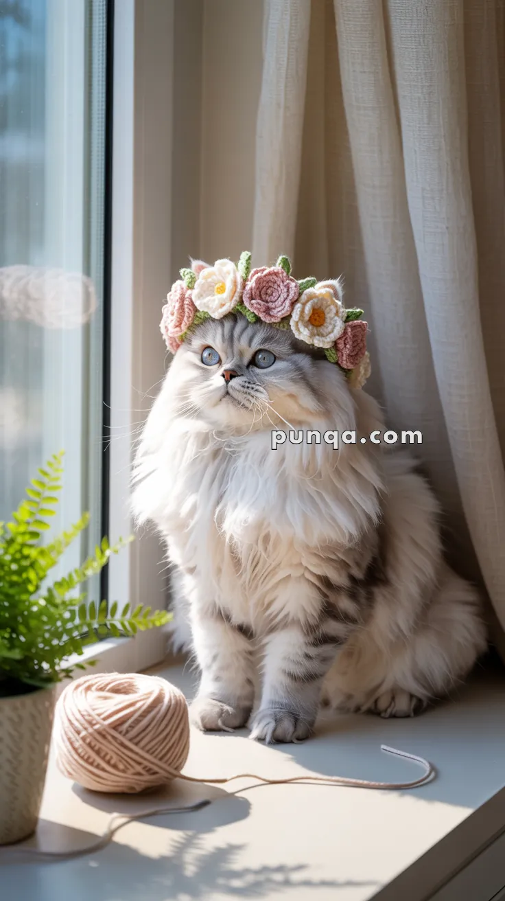 A fluffy gray and white cat wearing a knitted floral headband sits on a windowsill next to a pot with a green plant and a ball of beige yarn.