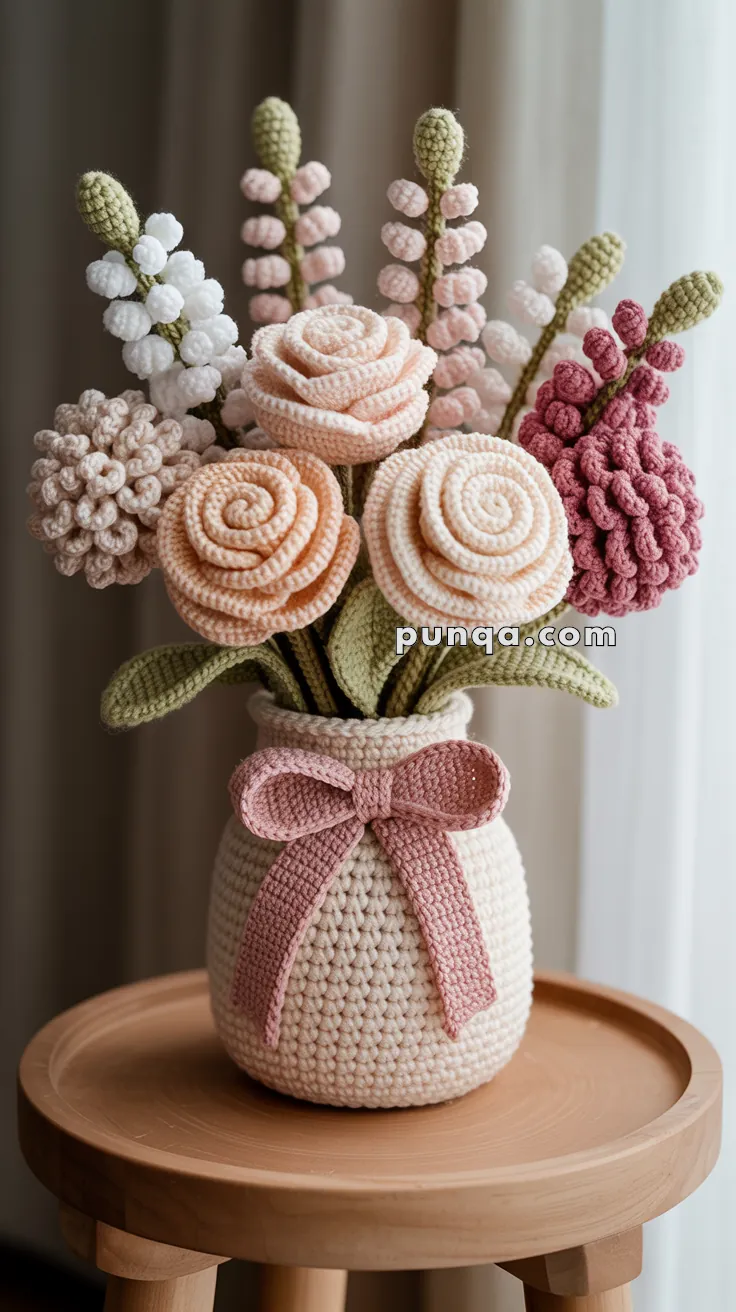Crocheted flowers in pastel colors arranged in a crocheted vase with a pink bow, placed on a wooden table.