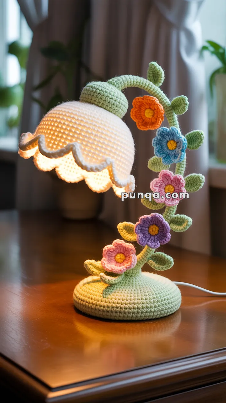 A crochet lamp with a scalloped shade and base, featuring a design of intertwined stems adorned with colorful crochet flowers in orange, blue, pink, and purple. The lamp is lit, highlighting the handmade detail, and sits on a wooden table near a curtain in the background.