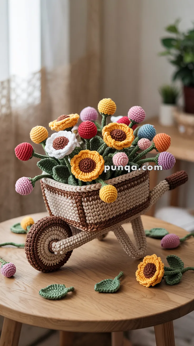 A crochet arrangement of colorful flowers, including sunflowers and round blooms, placed in a handmade crochet wheelbarrow on a wooden table with scattered leaves and flowers.