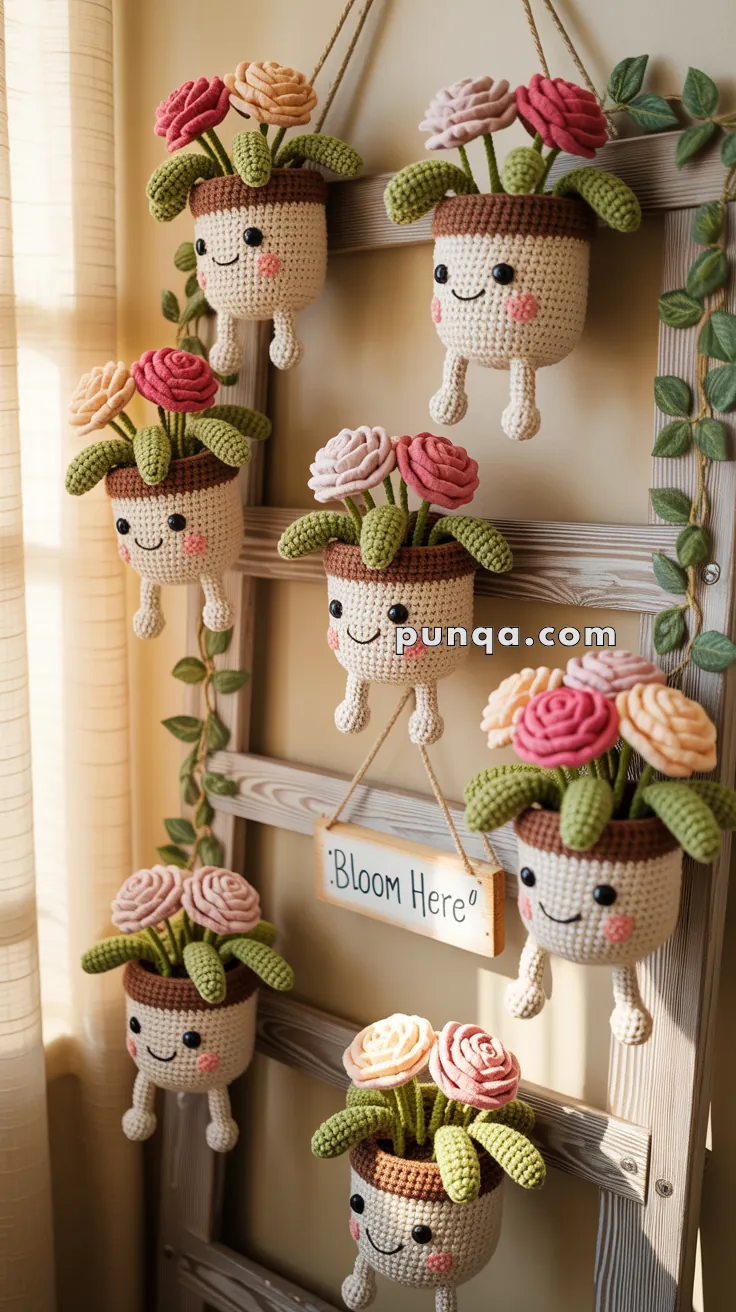 A collection of colorful, crocheted plant pots with smiling faces and dangling legs, each filled with crocheted flowers and leaves, hanging on a wooden ladder with a sign that reads 'Bloom Here.'