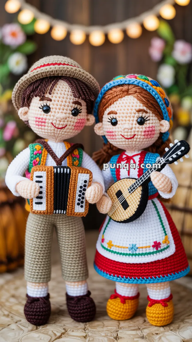 Amigurumi dolls of a couple dressed in traditional attire, with the male playing an accordion and the female holding a stringed instrument, set against a festive, decorated background with string lights.