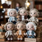 A group of six small crochet dolls dressed in historical attire, reminiscent of early American figures, arranged on a stack of books with a plaque reading "The Founding Six."