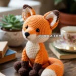 A crocheted fox toy with orange, brown, and cream yarn sits on a wooden table next to books, with a teacup and saucer in the background.