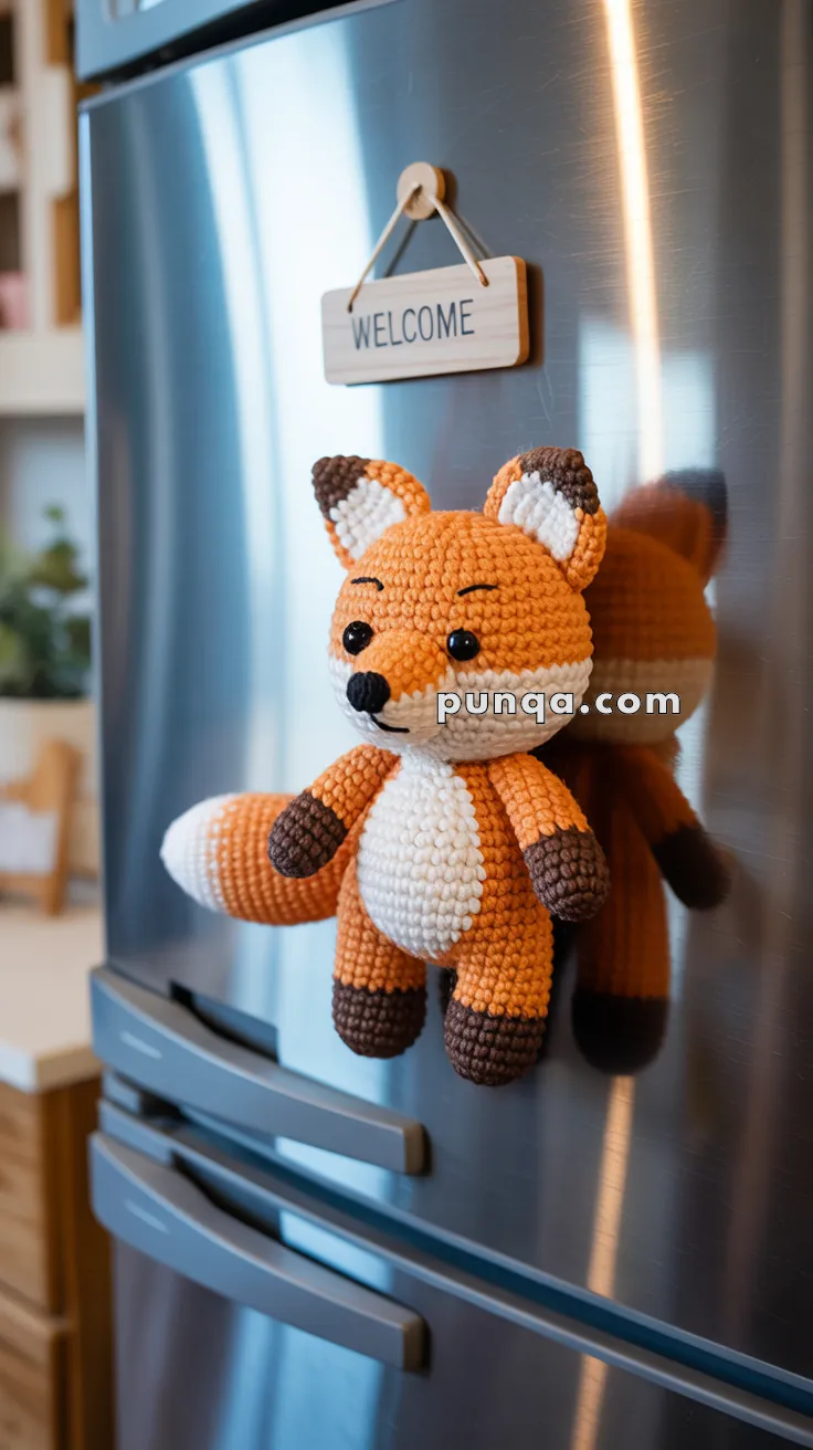 A crocheted fox toy attached to the front of a stainless steel fridge, with a small wooden sign reading "Welcome" hanging above it.