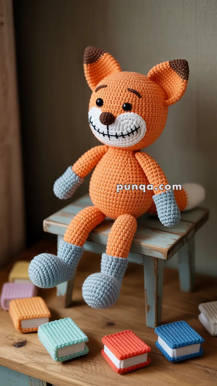 A crocheted fox toy with orange body, gray feet and hands, and a smiling face sits on a small bench surrounded by small crochet books in various colors.