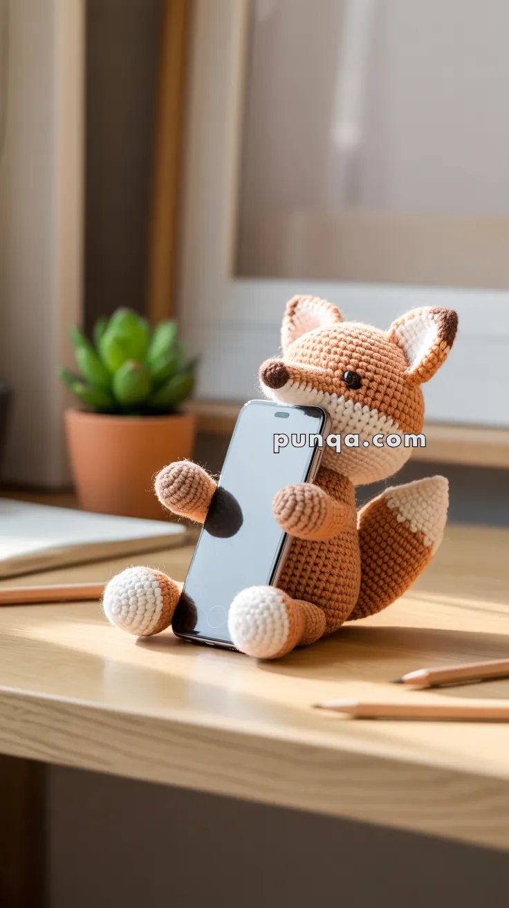 A crocheted fox-shaped phone holder on a wooden desk, with a smartphone held between its paws, and a potted plant in the background.