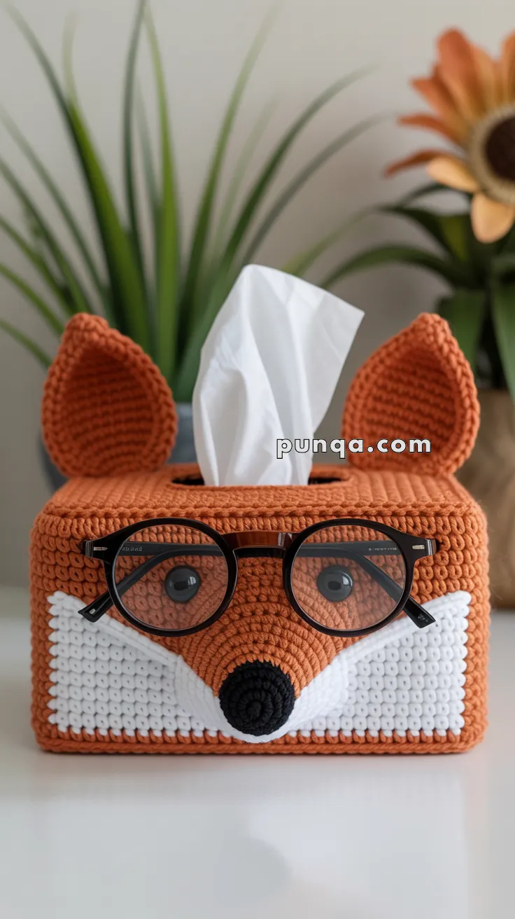 A crocheted tissue box cover shaped like a fox wearing glasses, with tissues coming out from the top, set in a background with a green plant and a sunflower decoration.