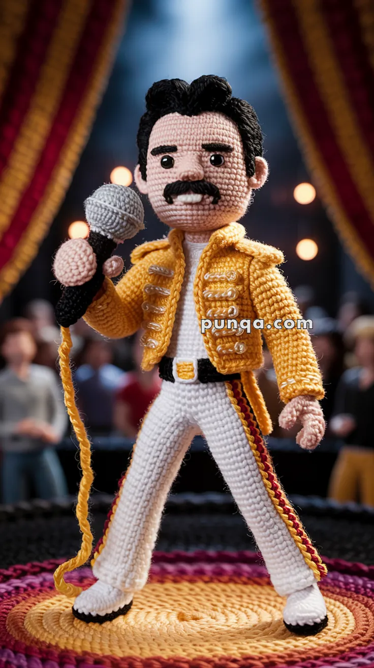 A crocheted doll wearing a yellow jacket, white pants, and holding a microphone on a stage.