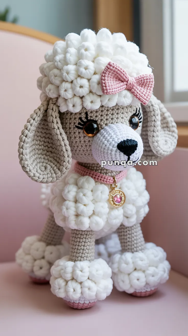 A crocheted plush toy poodle with beige and white yarn, featuring a decorative pink bow and collar with a gold medal. The background shows a soft pink chair.