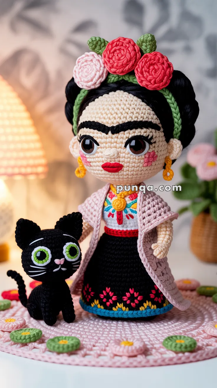 A crocheted doll with colorful flowers in its hair and intricate embroidered clothing stands on a pink doily with a small crocheted black cat beside it.