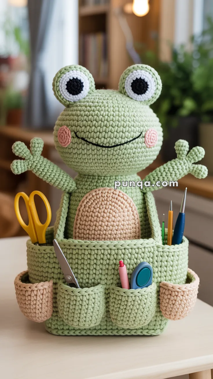 A crochet frog-shaped organizer with multiple pockets holding scissors, pens, and other stationery items, placed on a table in a cozy room setting.
