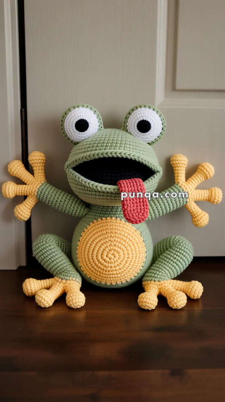 A crocheted frog toy with large, googly eyes, a wide open mouth, a red tongue sticking out, and yellow hands and feet with four toes. The frog's body is green with a yellow belly. It is sitting on a wooden floor against a beige door.