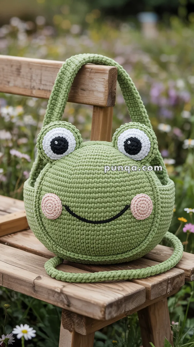 A crocheted green frog-shaped bag with eyes and a smiling face, resting on a wooden bench in a garden setting.