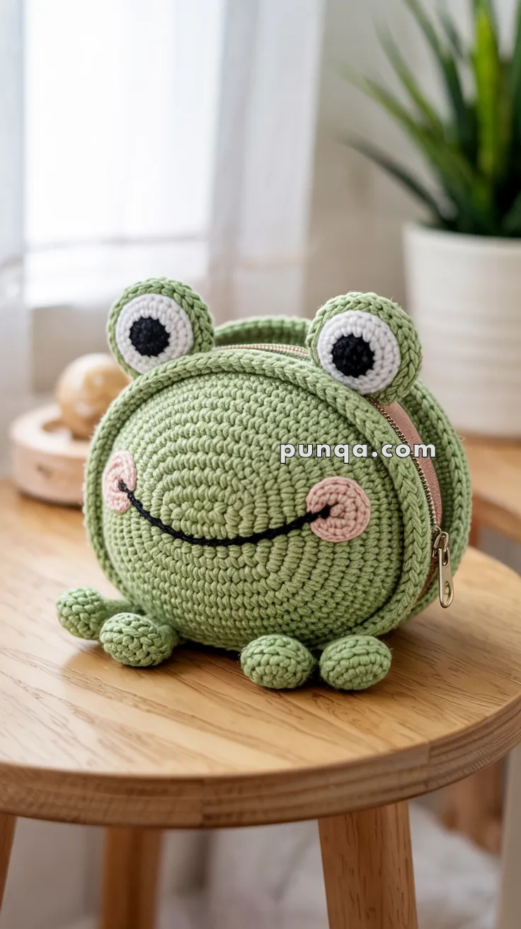 A round, crocheted bag shaped like a cute green frog with big eyes, sitting on a wooden table next to a potted plant.