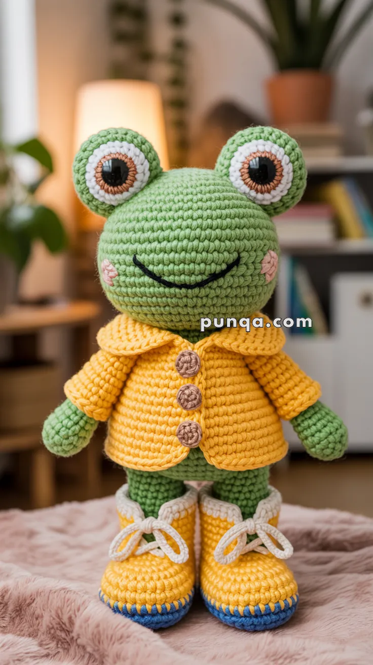 A crocheted frog toy with large eyes and a smile, wearing a yellow jacket with buttons and matching yellow shoes, stands on a plush surface with a cozy room setting in the background.