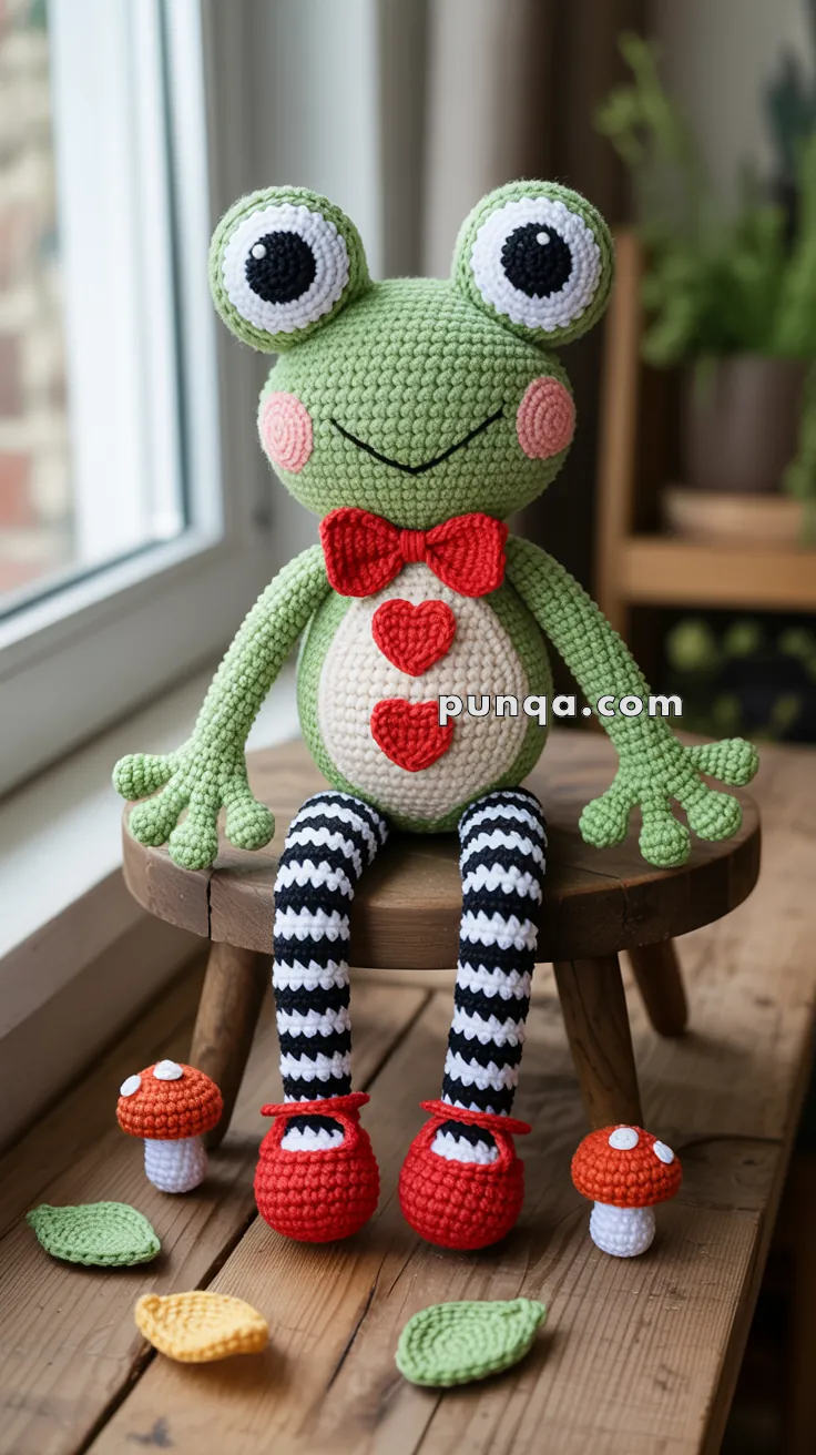 A crocheted green frog with large eyes, a red bow tie, and hearts on its belly, wearing black and white striped legs and red shoes, sitting on a wooden stool next to small knitted mushrooms and leaves.