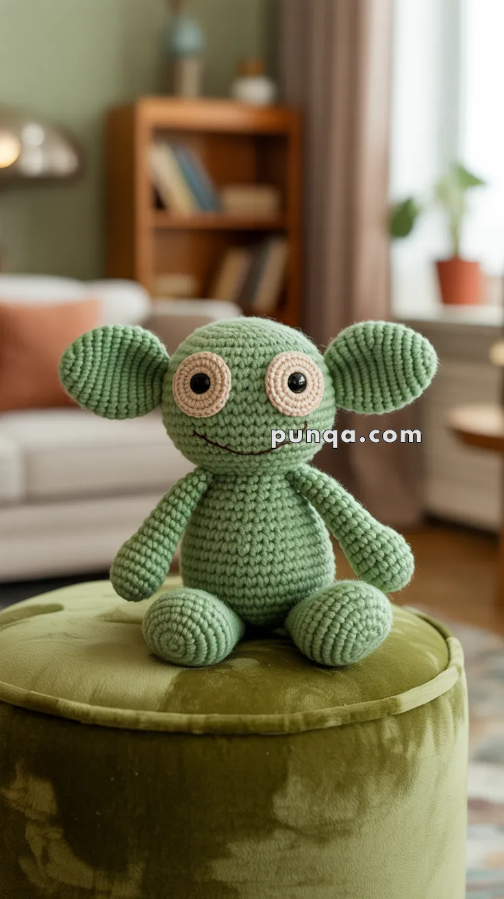 A green crocheted stuffed froglet toy with large eyes and round ears sitting on a green plush ottoman in a cozy living room setting.