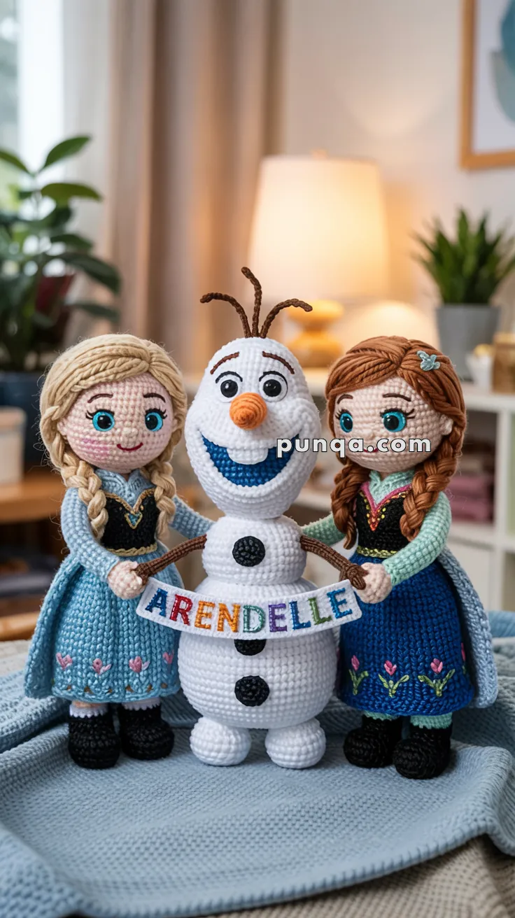 Crocheted dolls resembling characters from a popular animated movie, holding a sign reading 'Arendelle' in colorful letters, placed in a cozy living room setting.