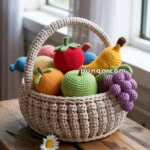 A crocheted basket on a wooden table filled with colorful crocheted fruits including apples, oranges, a banana, and grapes.