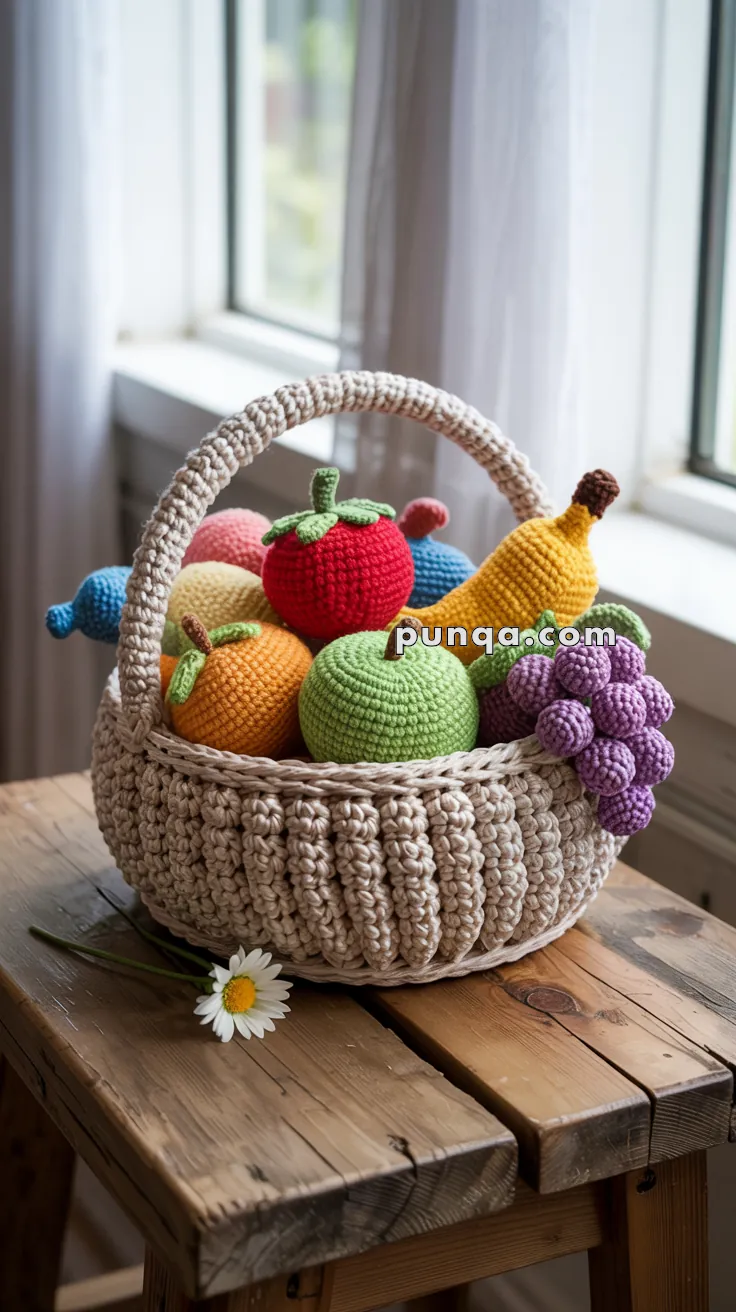 A crocheted basket on a wooden table filled with colorful crocheted fruits including apples, oranges, a banana, and grapes.