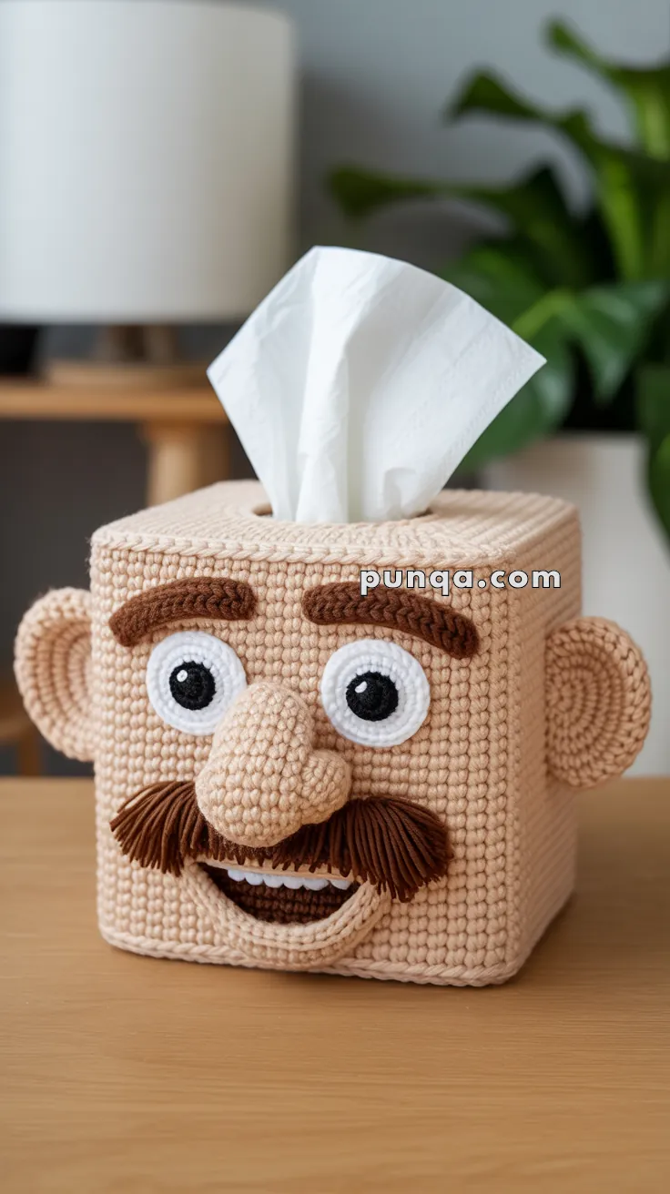 A crochet tissue box cover shaped like a human face with prominent features including large white eyes, a thick mustache, and a large nose, situated on a wooden surface with a white tissue protruding from the top.