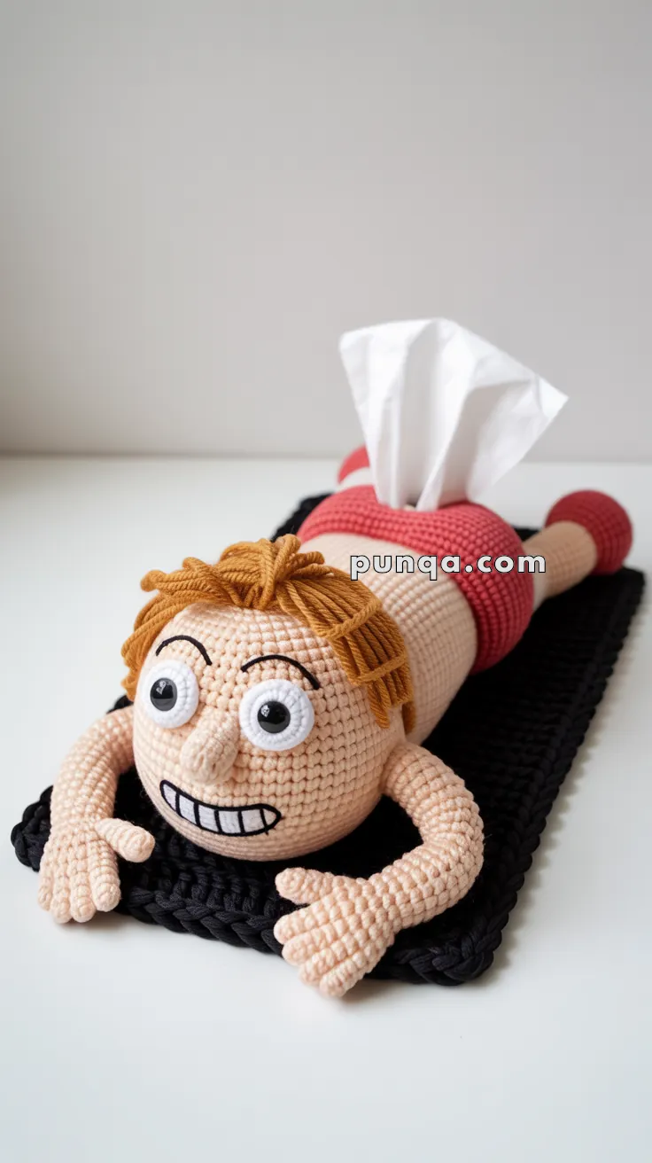A crocheted tissue box cover shaped like a cartoon character lying on its stomach, featuring a humorous facial expression with large eyes and an exaggerated smile.