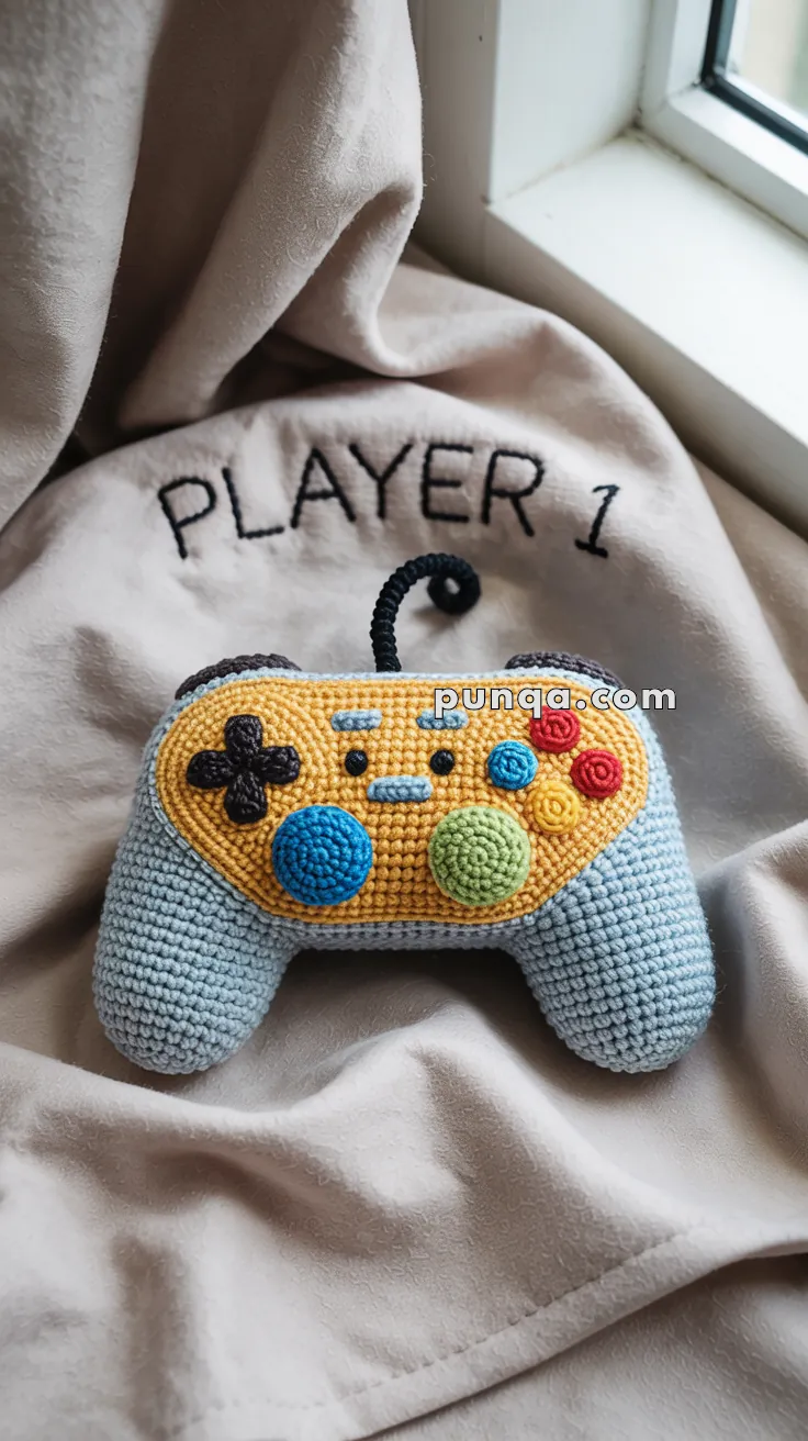 A crocheted video game controller with a smiling face design, featuring colorful buttons, resting on a soft fabric with 'PLAYER 1' embroidered on it.