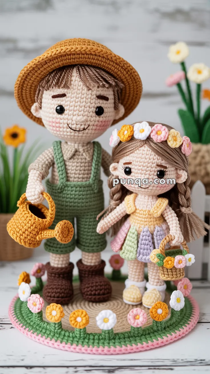 Crocheted dolls of a boy and a girl on a circular mat decorated with colorful flowers. The boy wears a brown hat, green overalls, and holds a yellow watering can. The girl wears a flower crown and pastel dress, carrying a basket with flowers.