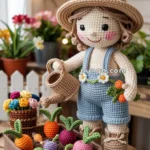 A crocheted doll dressed as a gardener, wearing a straw hat, blue overalls, and holding a watering can, stands beside a crocheted garden with colorful vegetables and flowers.