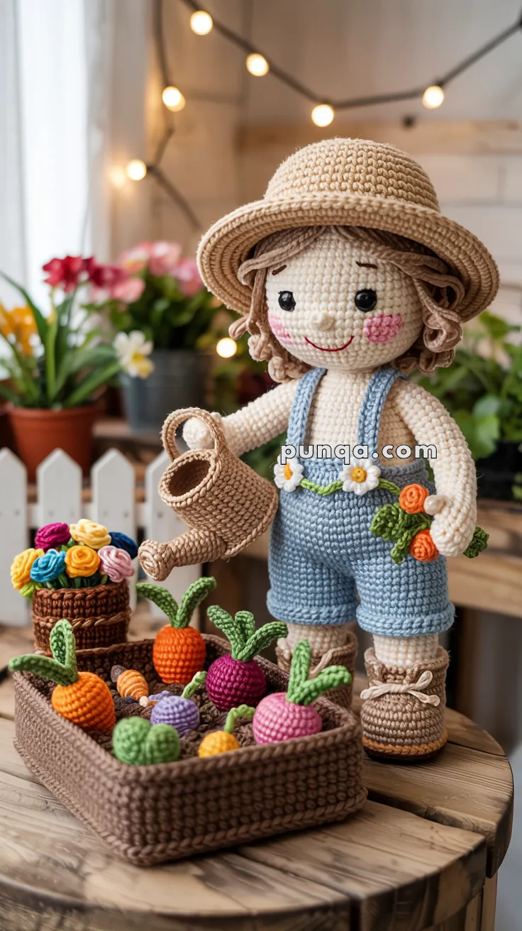 A crocheted doll dressed as a gardener, wearing a straw hat, blue overalls, and holding a watering can, stands beside a crocheted garden with colorful vegetables and flowers.