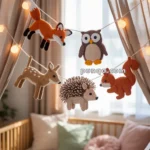 A cozy nursery featuring a string of crocheted animal decorations including a fox, owl, deer, hedgehog, and squirrel, hung above a wooden crib adorned with fluffy cushions and a soft throw. Soft ambient lighting enhances the warm, inviting atmosphere.